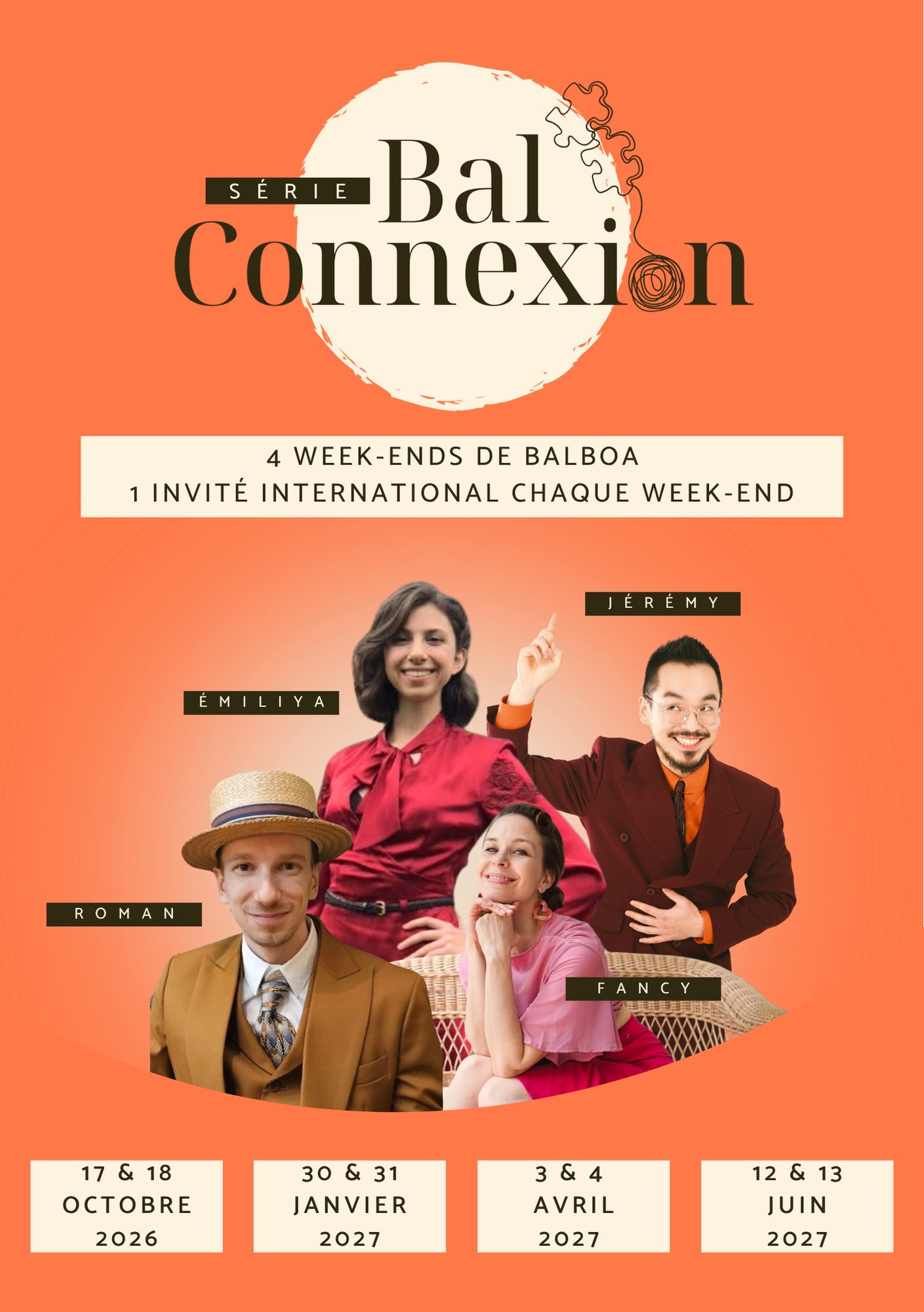 Affiche Bal Connexion — saison 2026–2027 avec les quatre invité·es et les dates